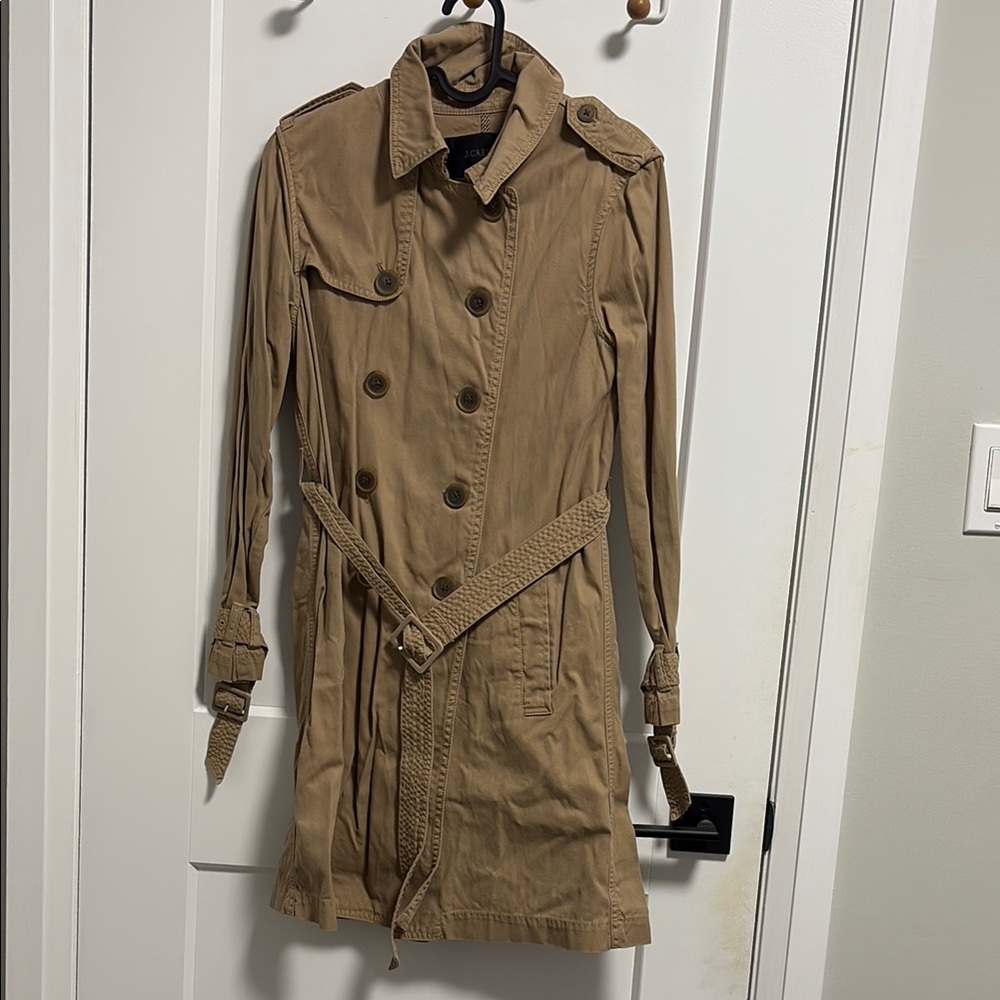J. Crew Tan Trench Coat with Belted Waist and Collared Neckline